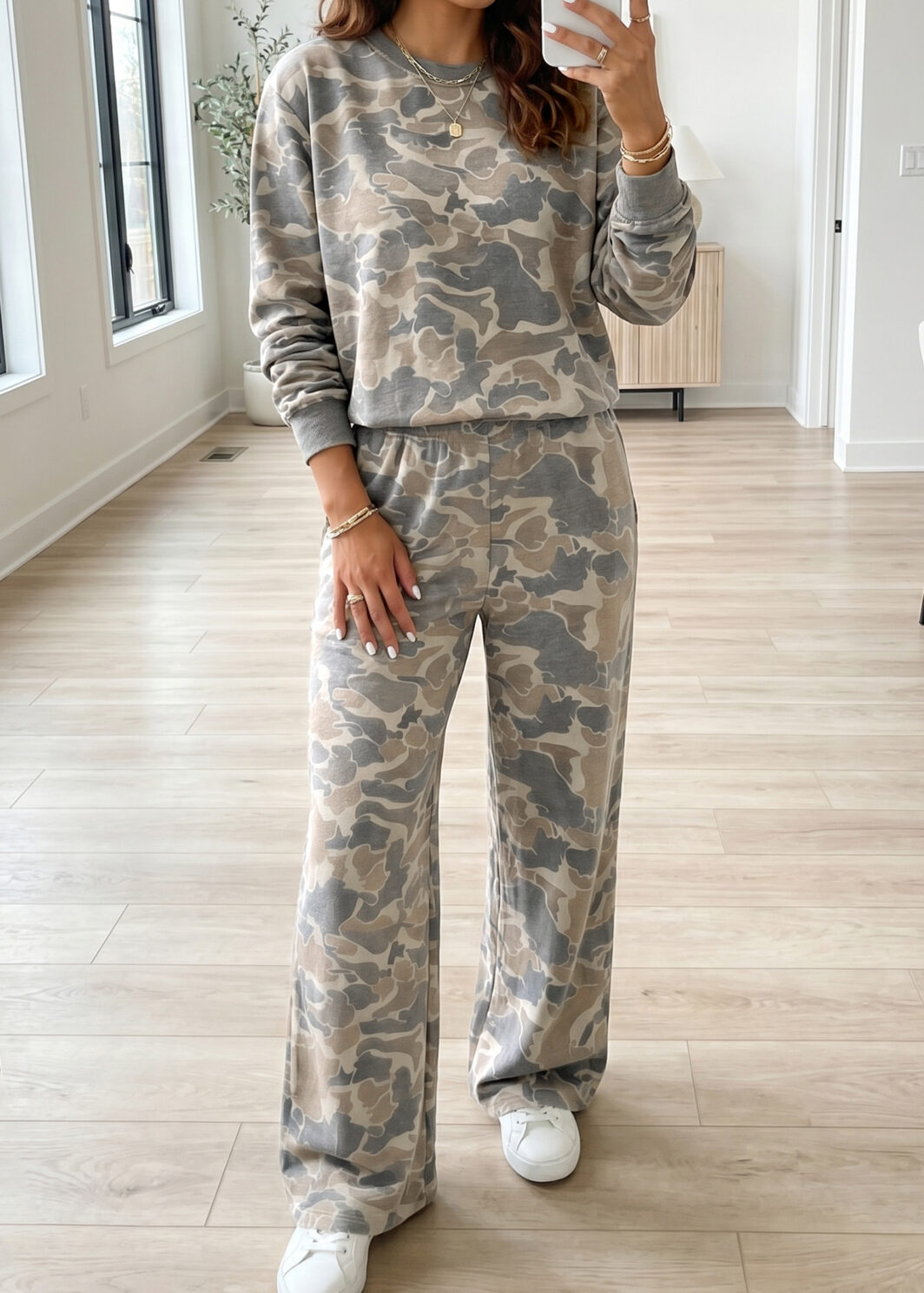 Multicolour Camouflage Print Long Sleeve Top Loose 2pcs Pants Set