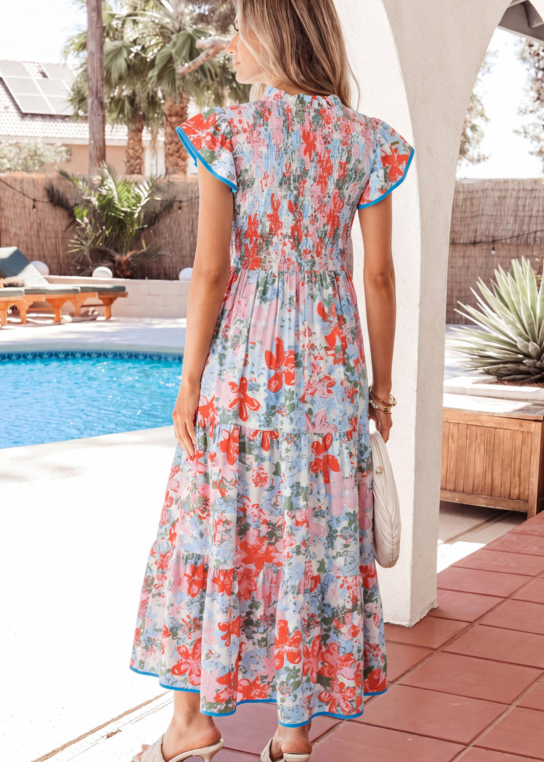 Apricot Floral Print V Neck Contrast Trim Flutter Sleeve Long Dress