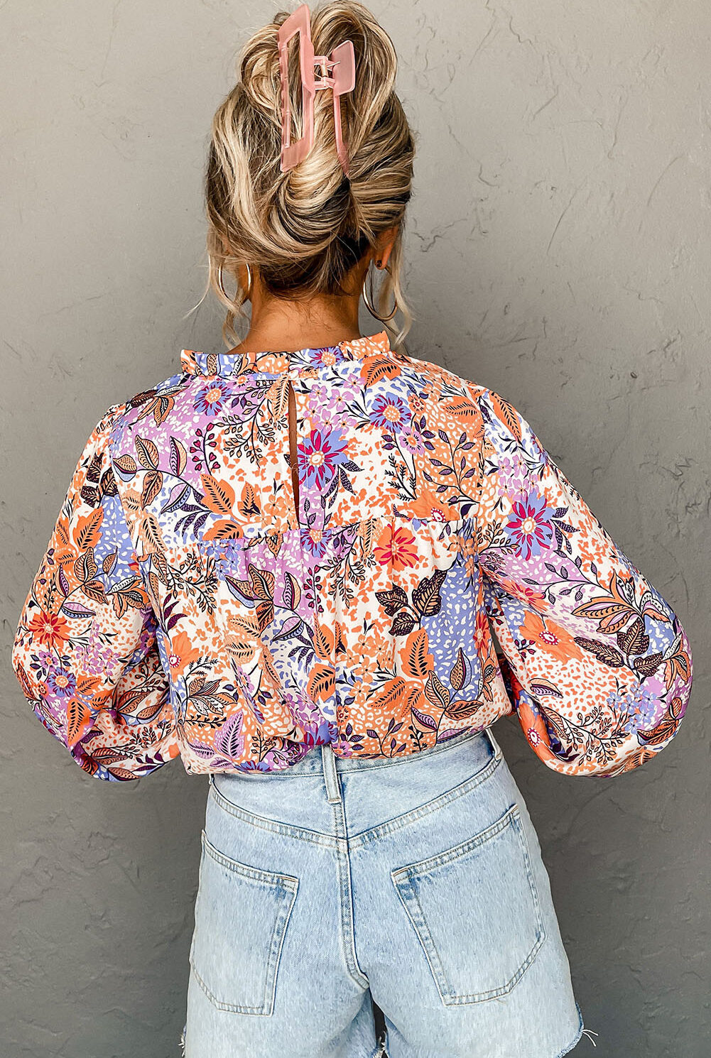 Multicolour Floral Bishop Sleeve Frilled Round Neck Blouse