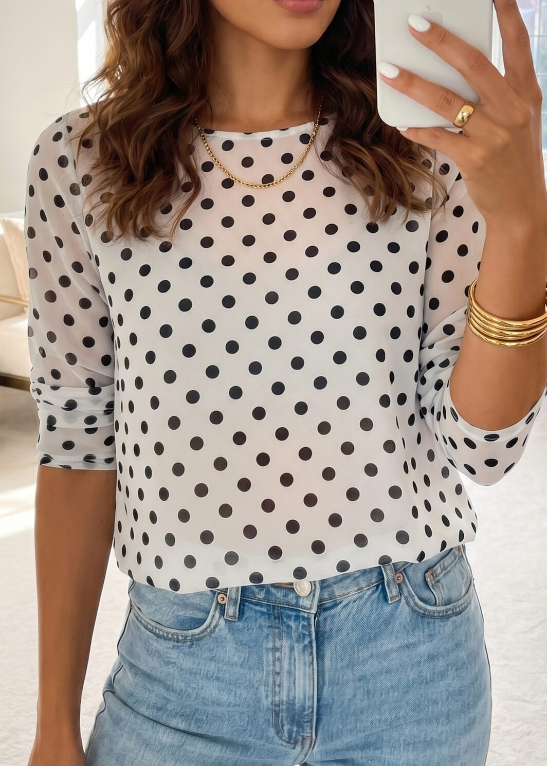 Black Polka Dot Sheer Mesh Long Sleeve Round Neck Shift Blouse