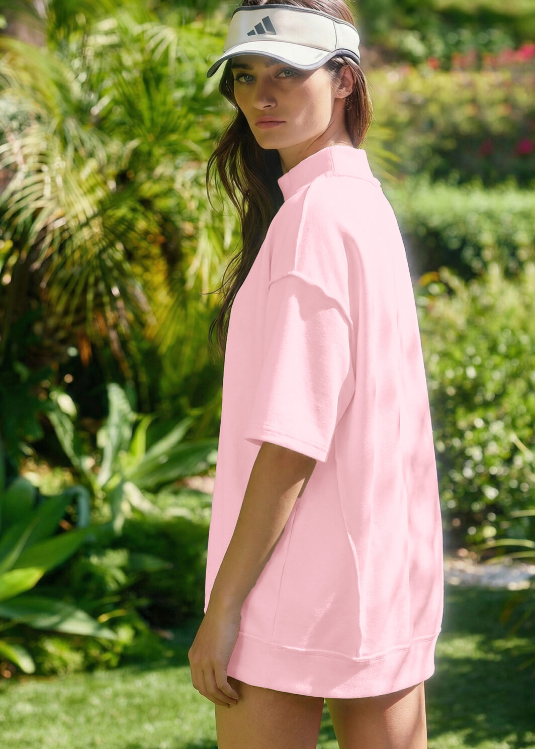Light Pink Solid Color Exposed Seam Mock Neck Oversize Tee Casual Shorts 2pcs Outfit