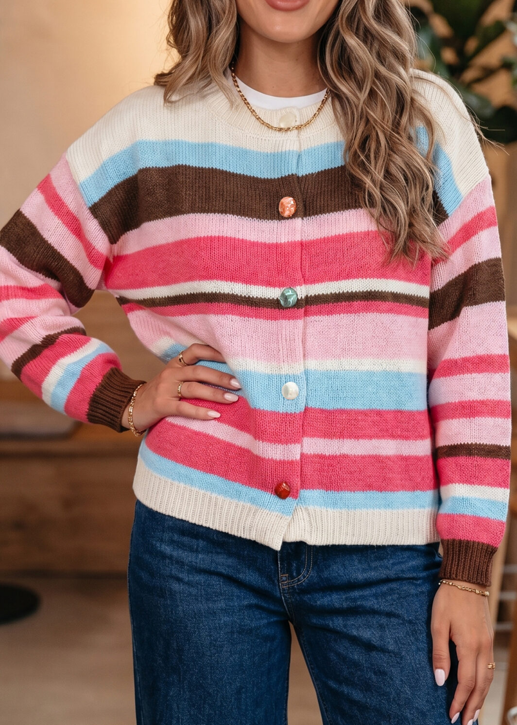 Pink Stripe Striped Colorblock Drop Shoulder Cardigan