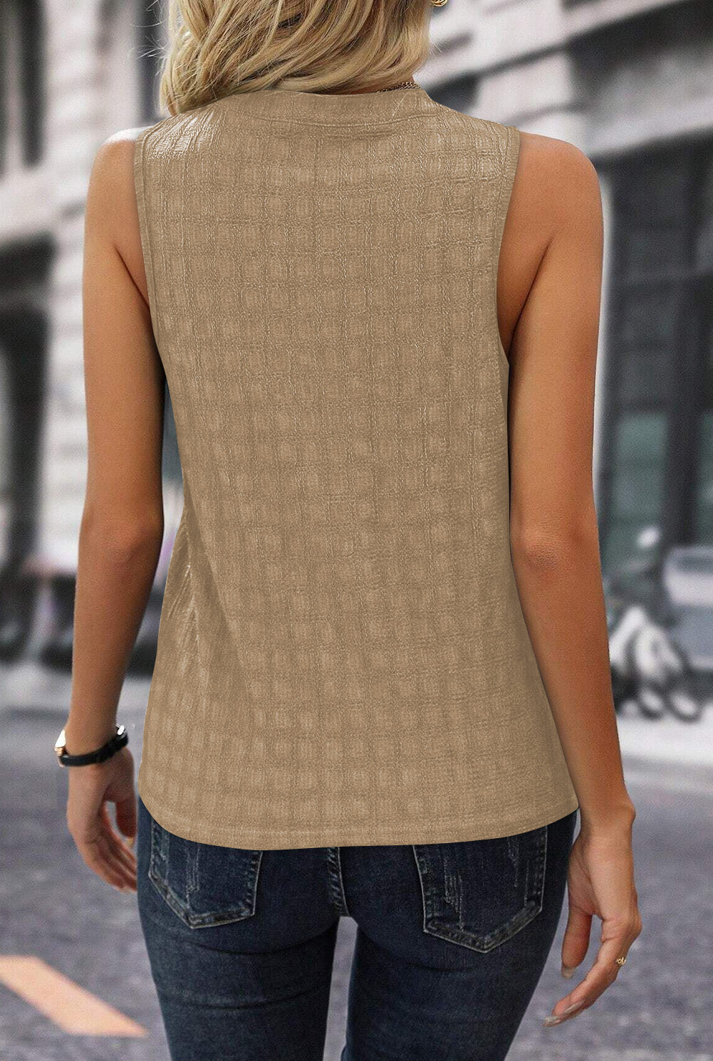 Light French Beige Lattice Textured Split Neck Tank Top