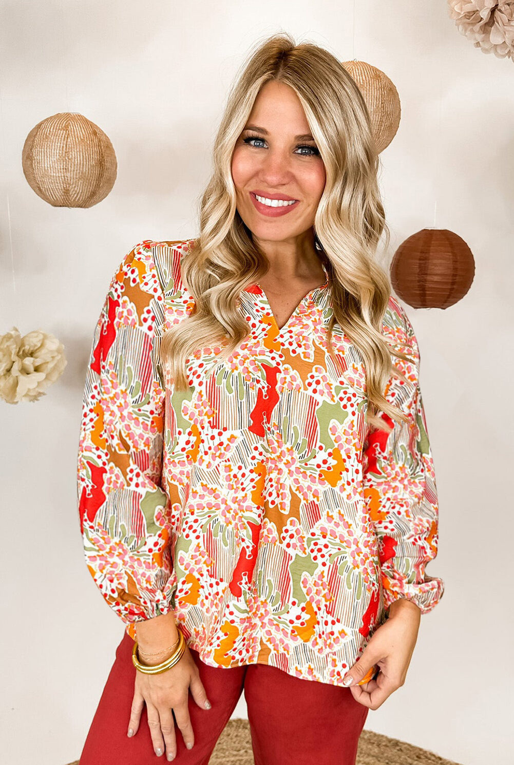 Orange Printed Split V Neck Puff Sleeve Blouse