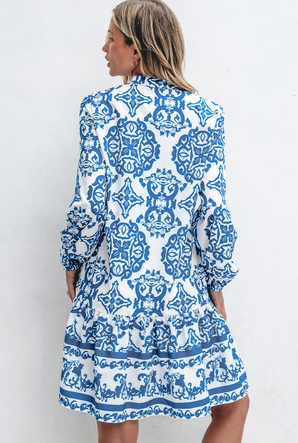 Sky Blue Tribal Print Button Up Notch Neck Loose Mini Dress