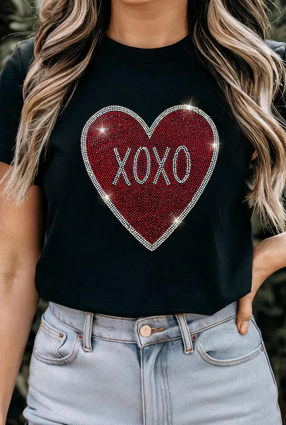 Black Rhinestone XOXO Heart Graphic Crewneck Tee