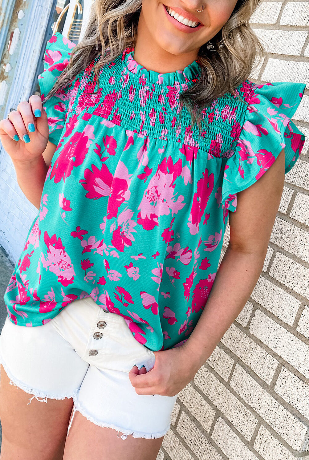 Green Floral Ruffled Flutter Sleeve Ruched Blouse