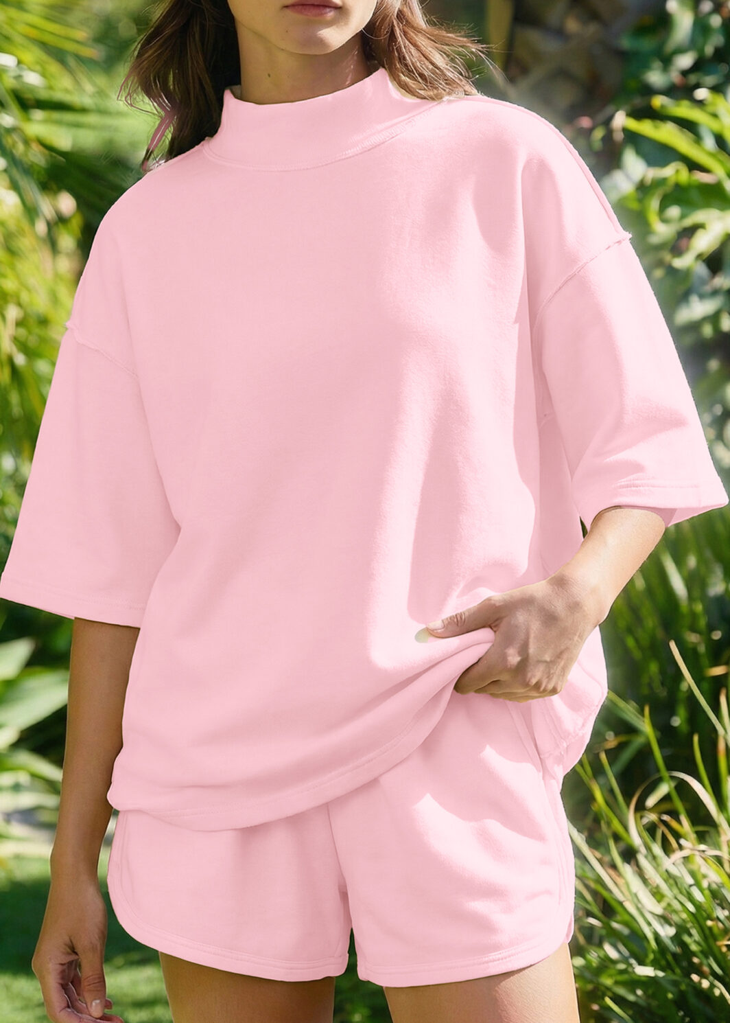 Light Pink Solid Color Exposed Seam Mock Neck Oversize Tee Casual Shorts 2pcs Outfit