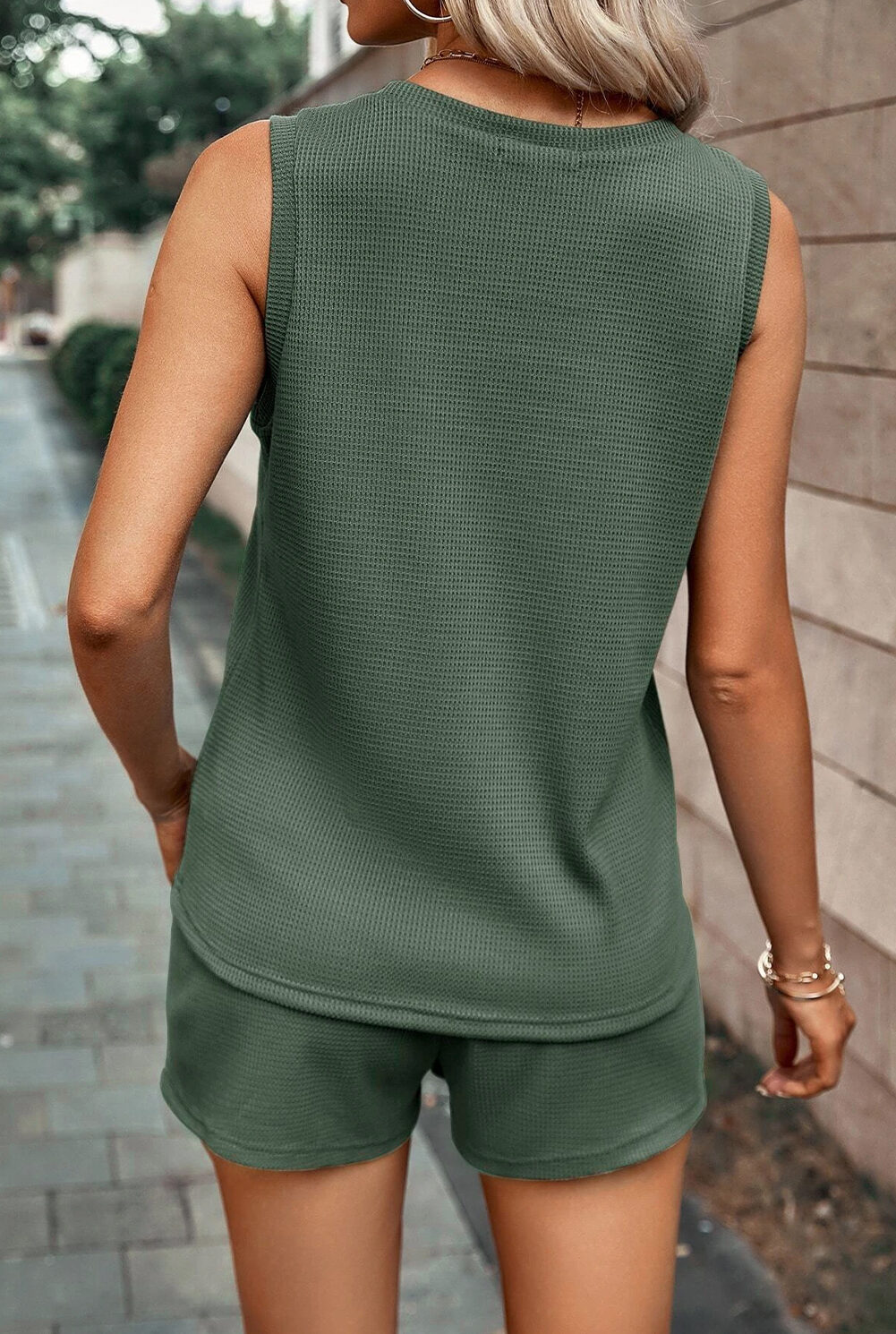 Mist Green Waffle Knit Patched Pocket Tank and Drawstring Shorts Set