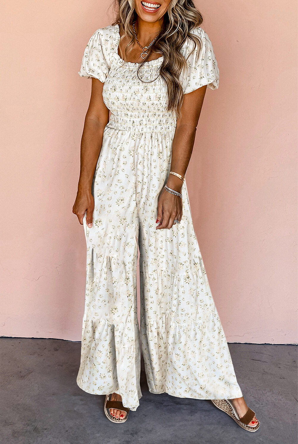 White Boho Floral Smocked Wide Leg Short Puff Sleeve Jumpsuit