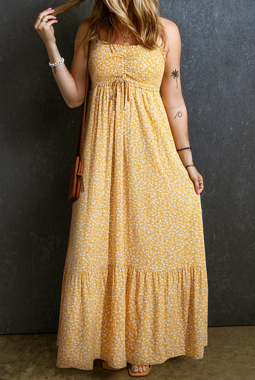 Yellow Frilly Smocked High Waist Floral Maxi Dress
