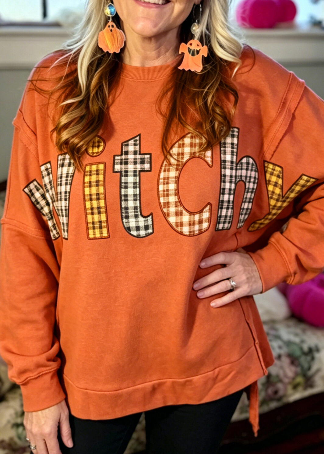 Flamingo Halloween Witchy Plaid Slogan Embroidered Patch Tunic Sweatshirt
