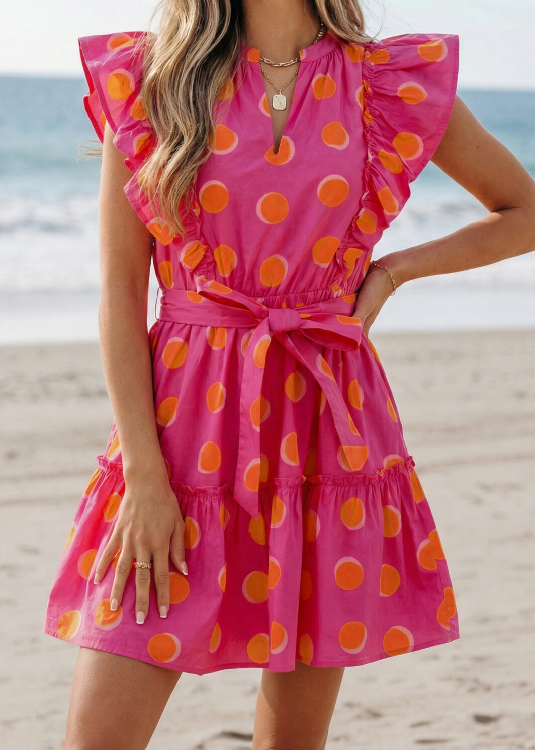 Rose Double Polka Dot V Neck Ruffled Short Sleeve Dress