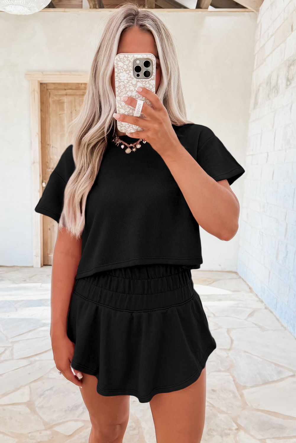 Beige 2pcs Cropped Tee and Ruffle High Waist Skort Set