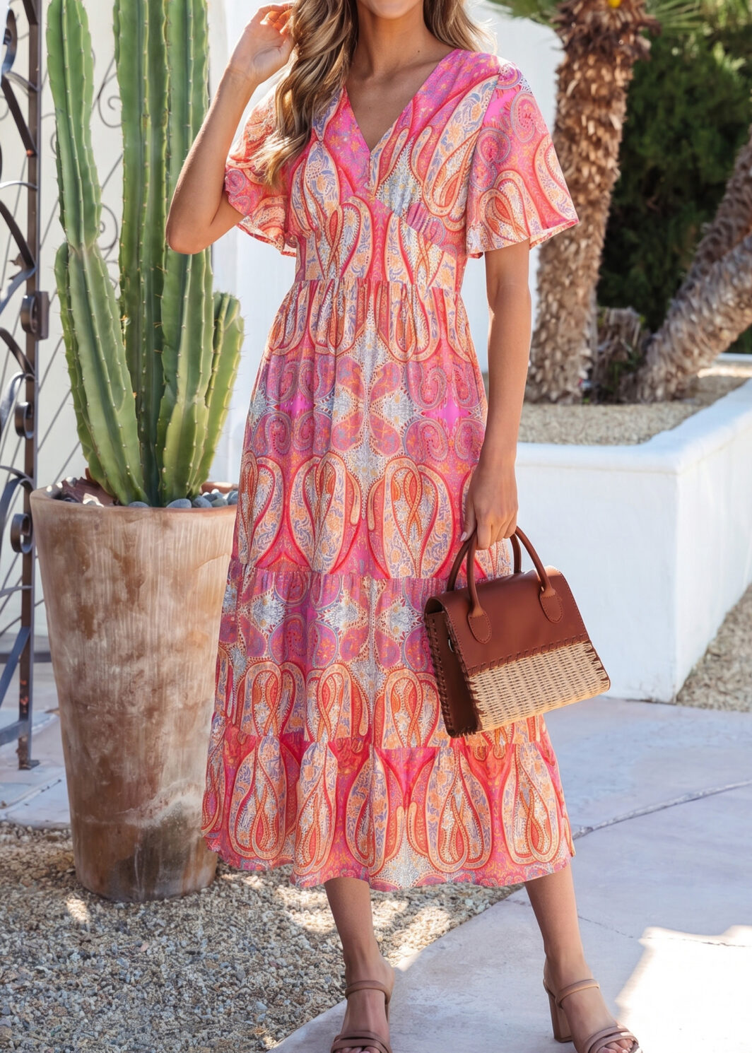 Multicolour Paisley Print V-Neck Short Sleeve Boho Maxi Dress with Ruffle Details