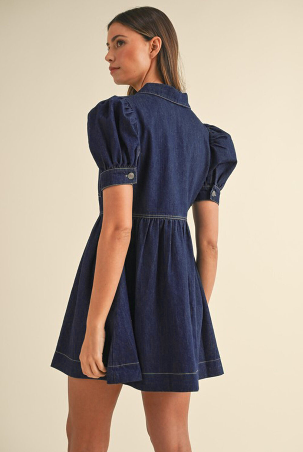 Dirty blue Zipped up Bodice Collared Short Puff Sleeve Denim Dress