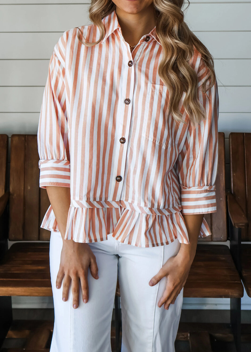 Khaki Stripe Collar Button Front Bracelet Sleeve Ruffle Hem Shirt