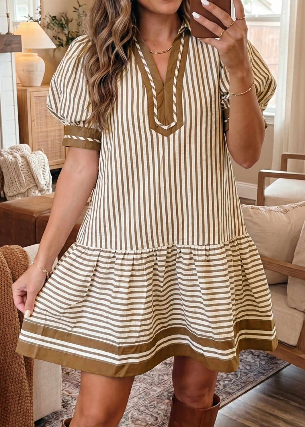Brown Stripe Shirt Collar Color Block Patchwork Trim Ruffle Hem Short Dress