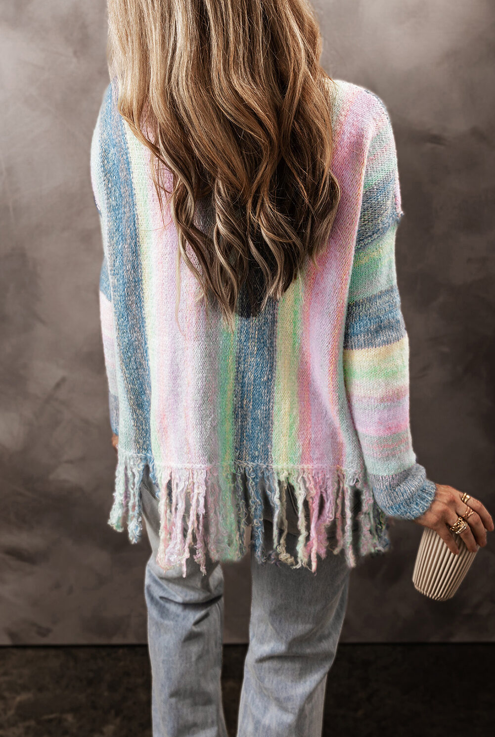Purple Color Block Fringed Drop Shoulder Tunic Sweater