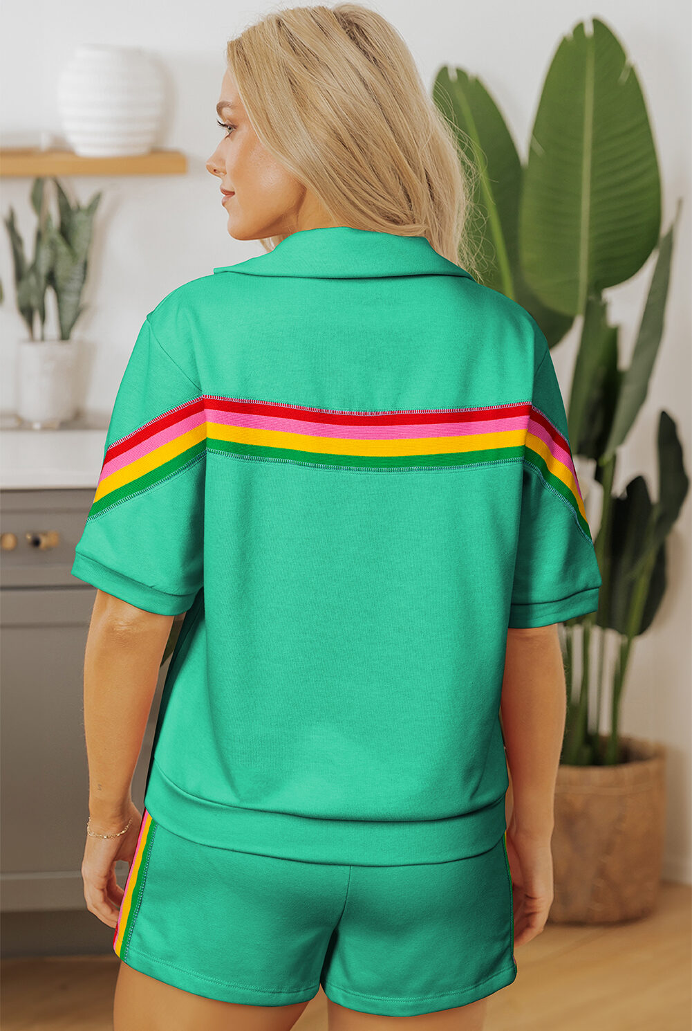 Sea Green Rainbow Colorblock Collared Short Sleeve Top 2 Piece Shorts Set