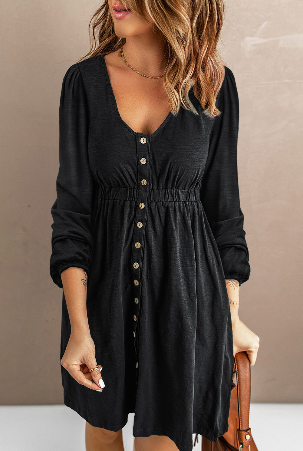 Black Button Up High Waist Long Sleeve Dress