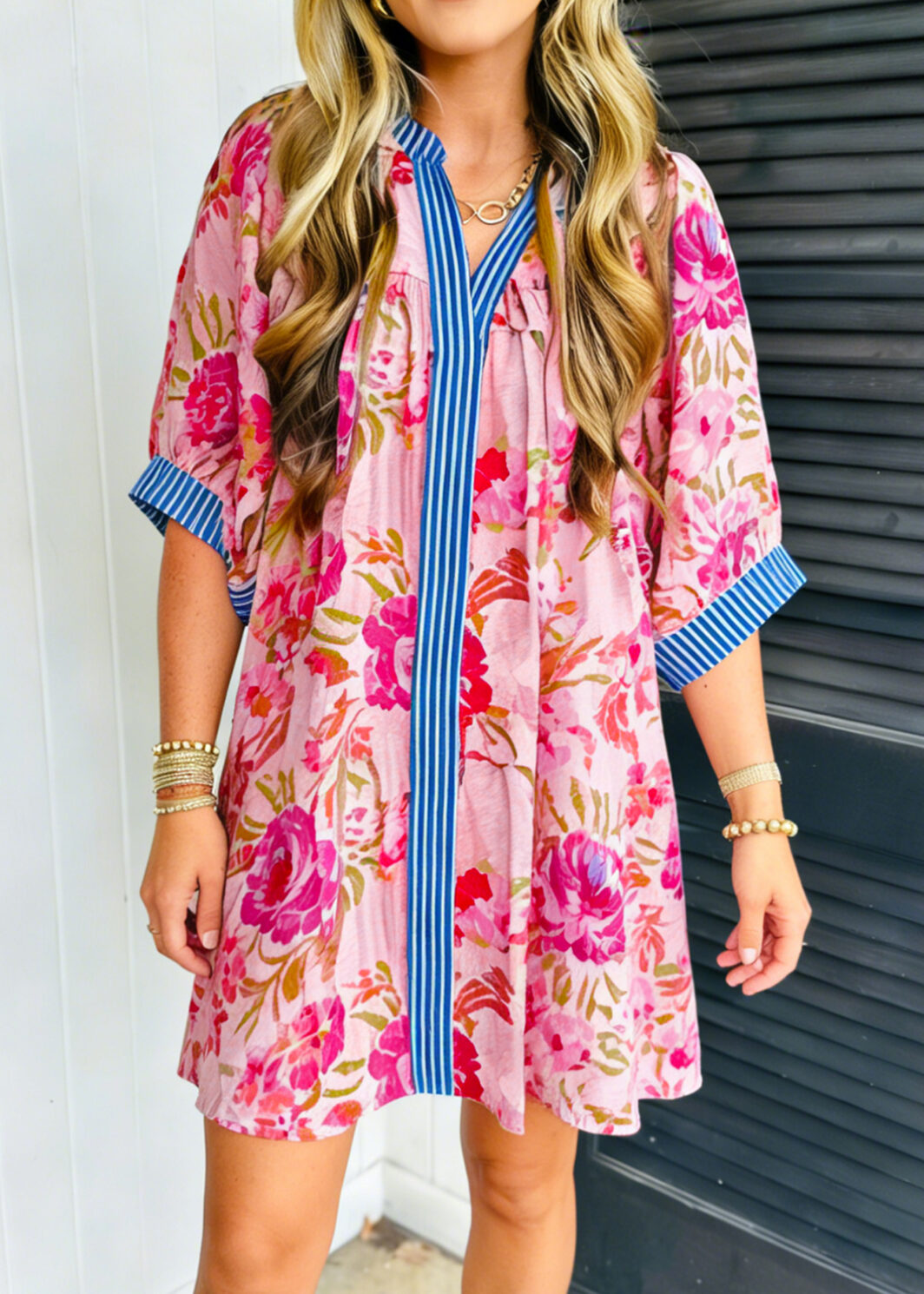 Multicolour Floral Striped Patchwork Trim Half Sleeve Mini Dress