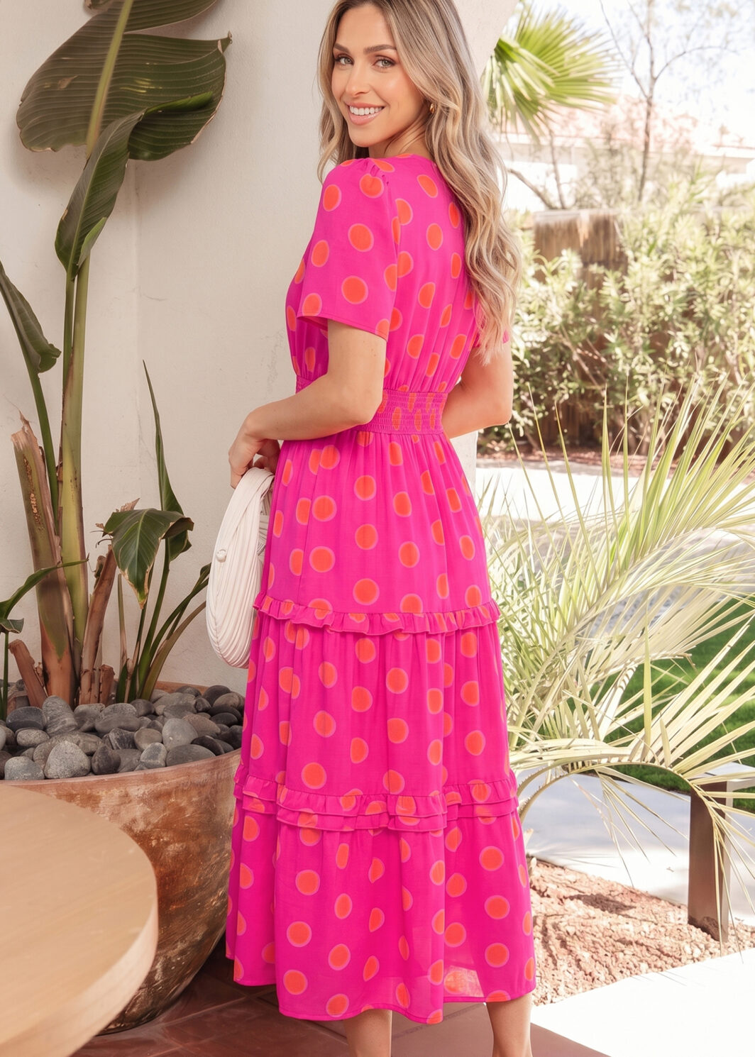 Rose Double Polka Dot Short Sleeve Shirred High Waist Midi Dress