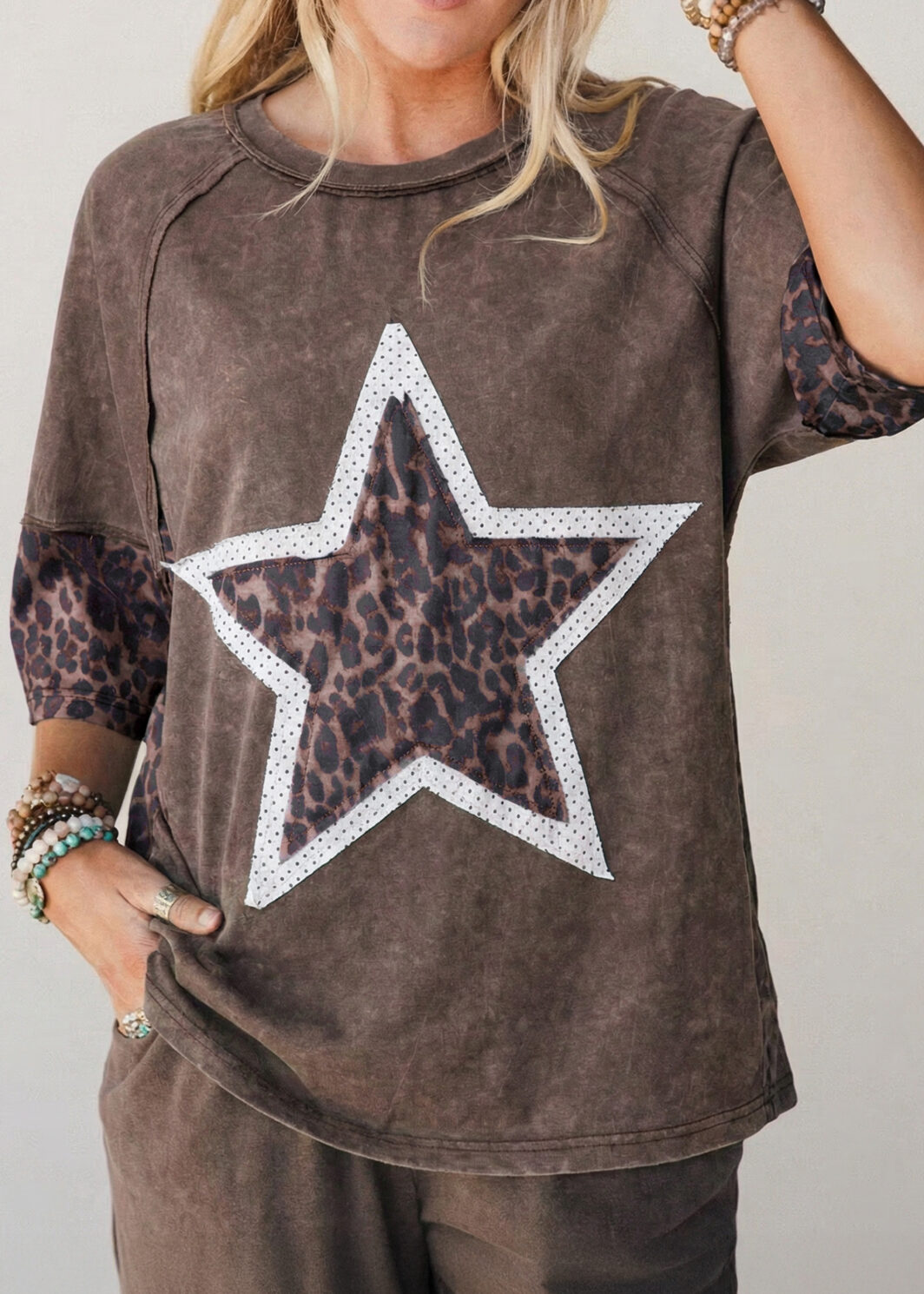 Coffee Mineral Wash Exposed Seam Leopard Star Patched T Shirt