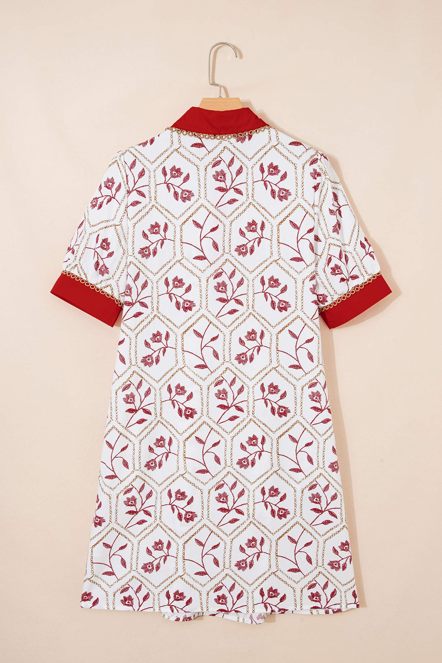 Red Geometric Floral Print Lace Trim Collared Short Sleeve Mini Dress