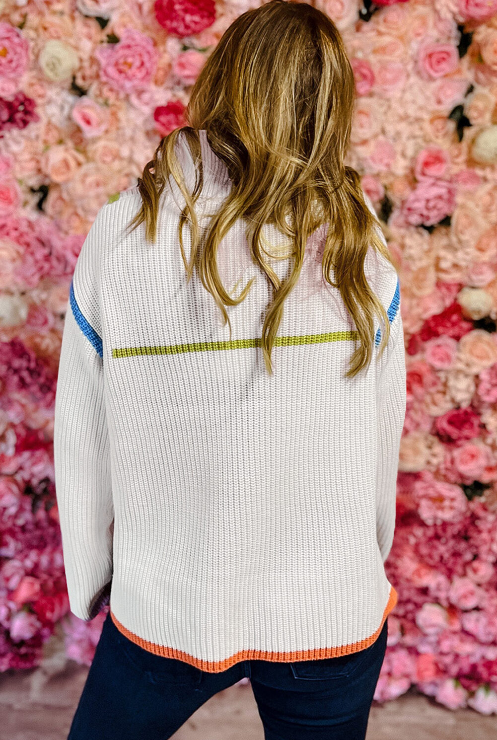White Colorful Edge Quarter Zip Drop Shoulder Sweater