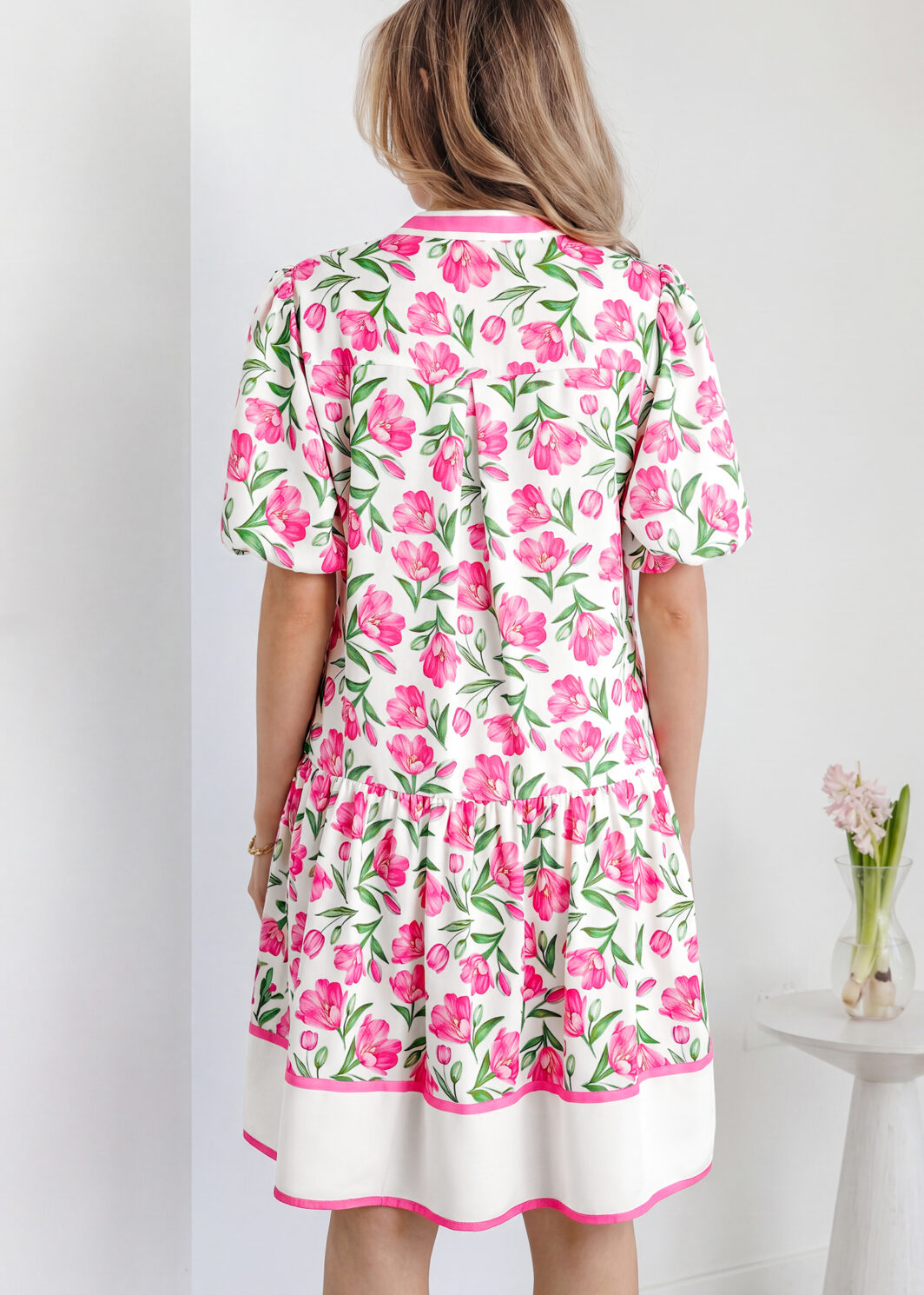 Multicolour Sweet Floral Print Striped Color Block Trim Short Dress