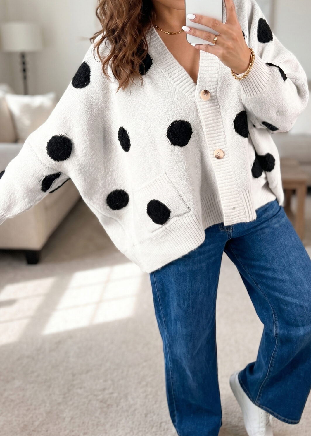 Beige Polka Dot Button Front Oversized V Neck Cardigan