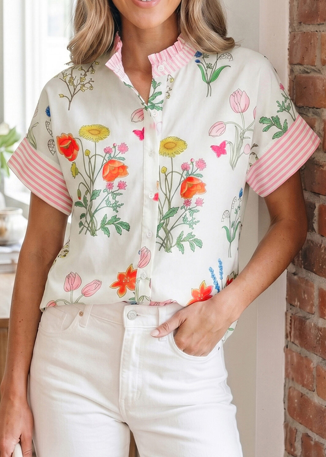 Beige Floral Striped Patchwork Ruffled Collar Short Sleeve Shirt
