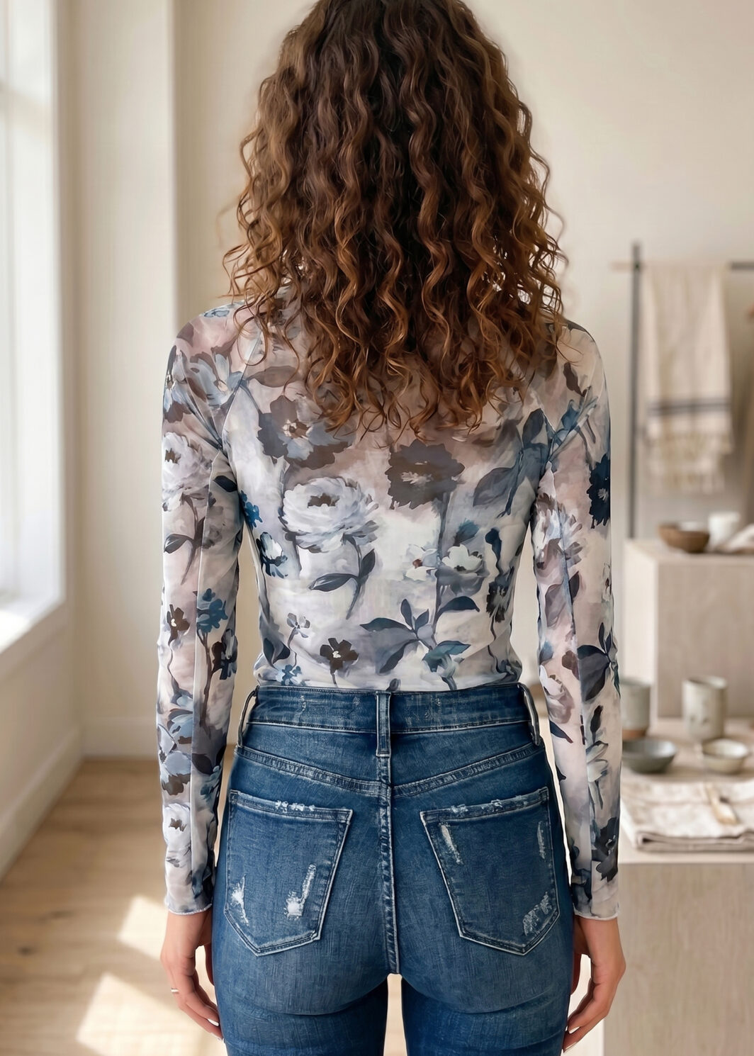 Sky Blue Floral Mesh High Neck Long Sleeve Sheath Top