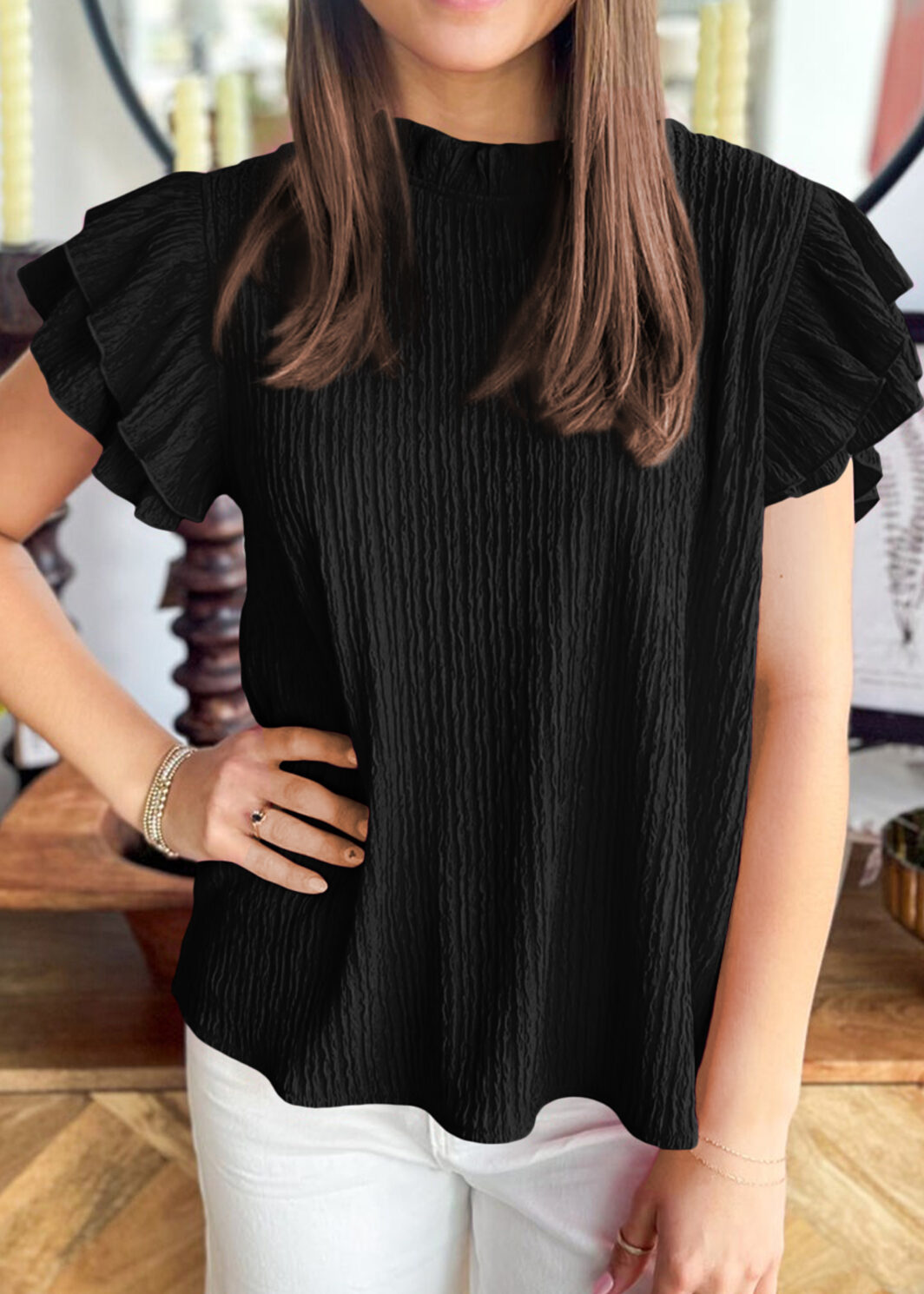 Black Solid Color Textured Ruffle Trim Short Sleeve Blouse