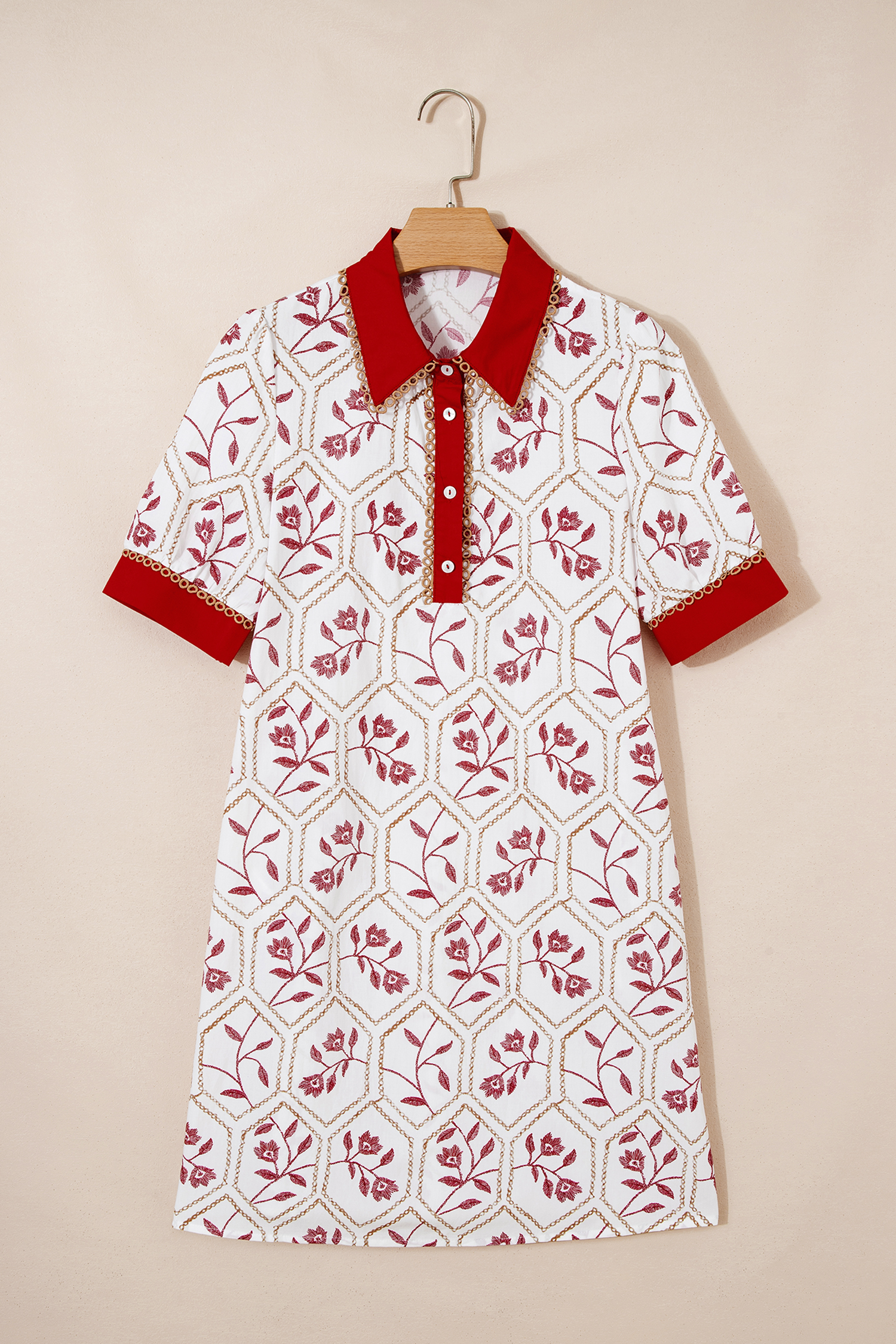 Red Geometric Floral Print Lace Trim Collared Short Sleeve Mini Dress