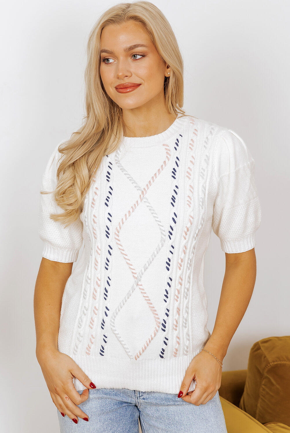 White Multicolor Stitch Detail Cable Knit Short Sleeve Sweater