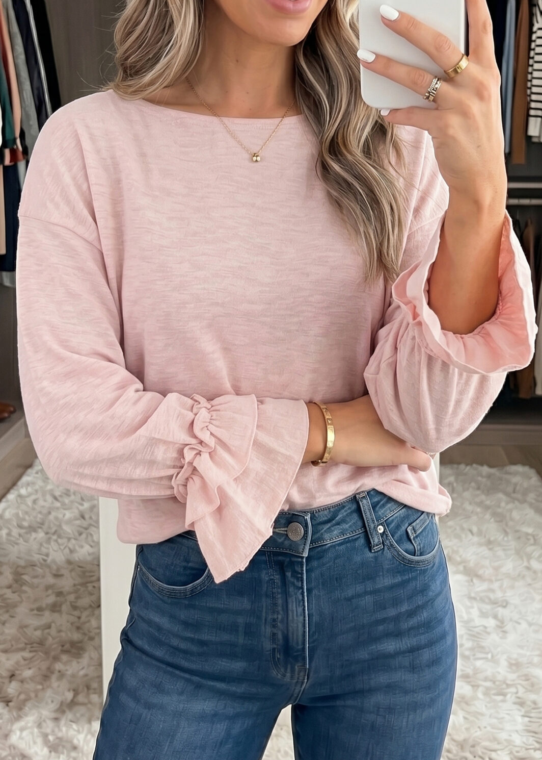 Gossamer Pink Long Sleeve Ruffle Cuff Casual Elegant Top