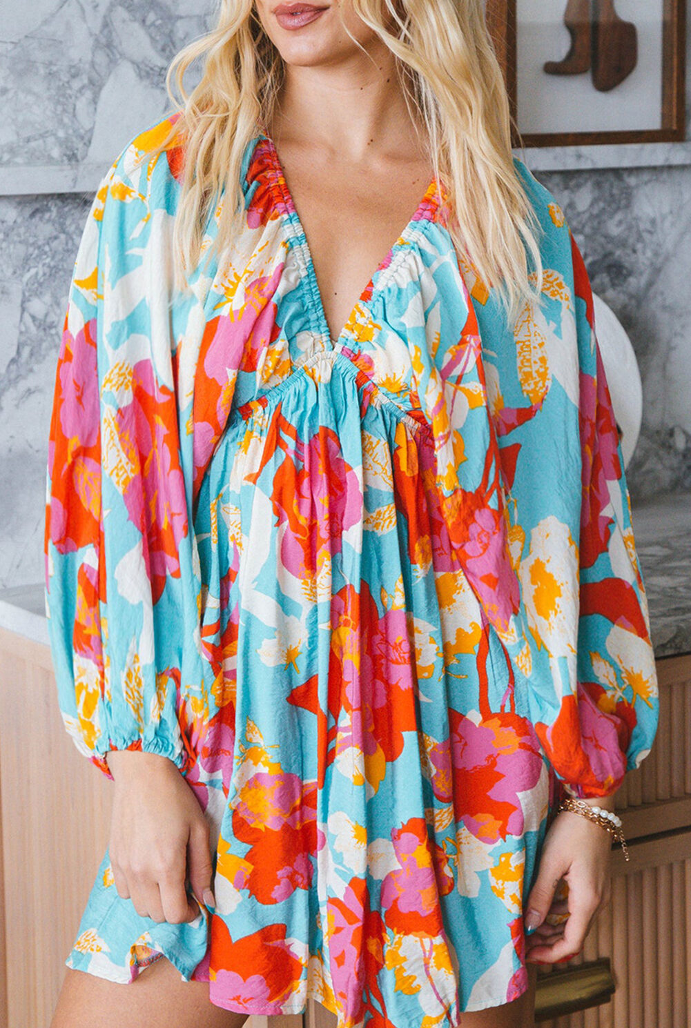 Sky Blue Floral Bracelet Sleeve Empire Waist Mini Dress