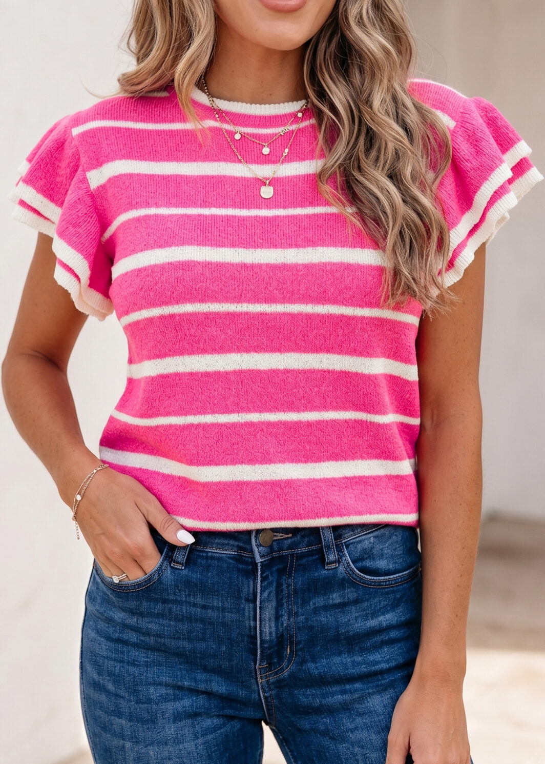 Rose Stripe Double Ruffle Short Sleeve Lightweight Knit Sweater