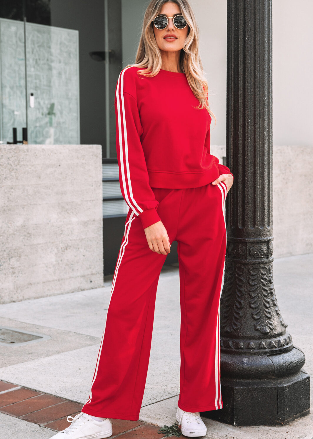 Fiery Red Varsity Striped Detail Crewneck Pullover Elastic Sweatpants 2pcs Outfit