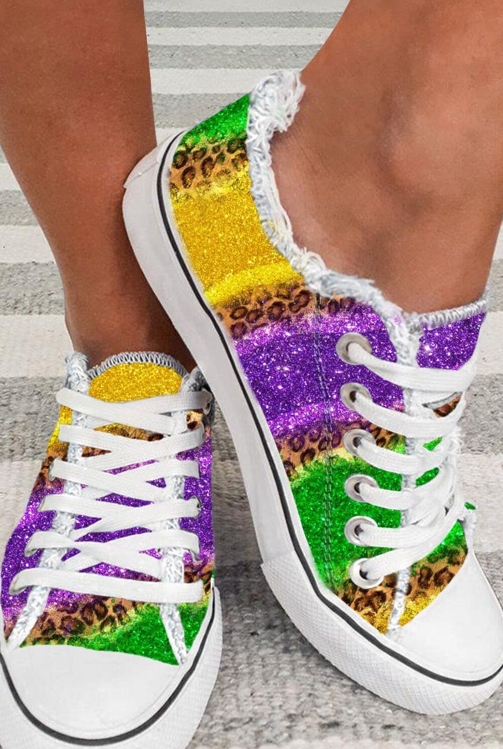 Multicolor Leopard Color Block Lace-up Canvas Shoes