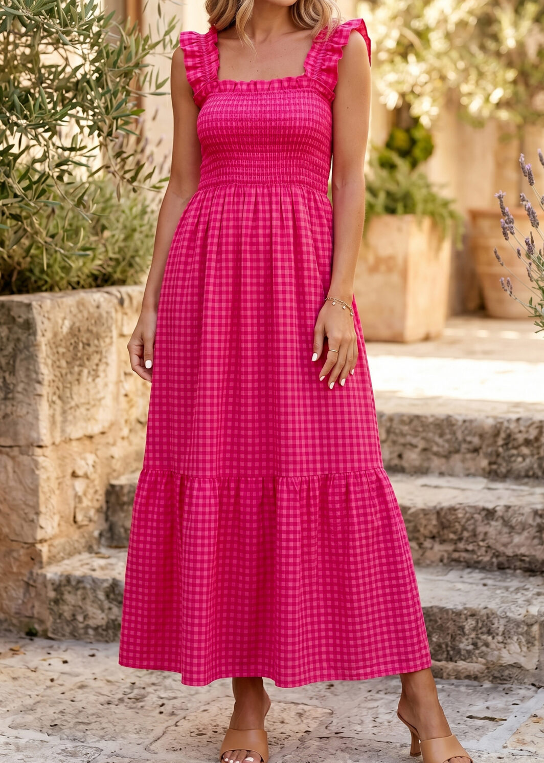 Red Plaid Square Neck Fit-and-flared Vacation Sundress