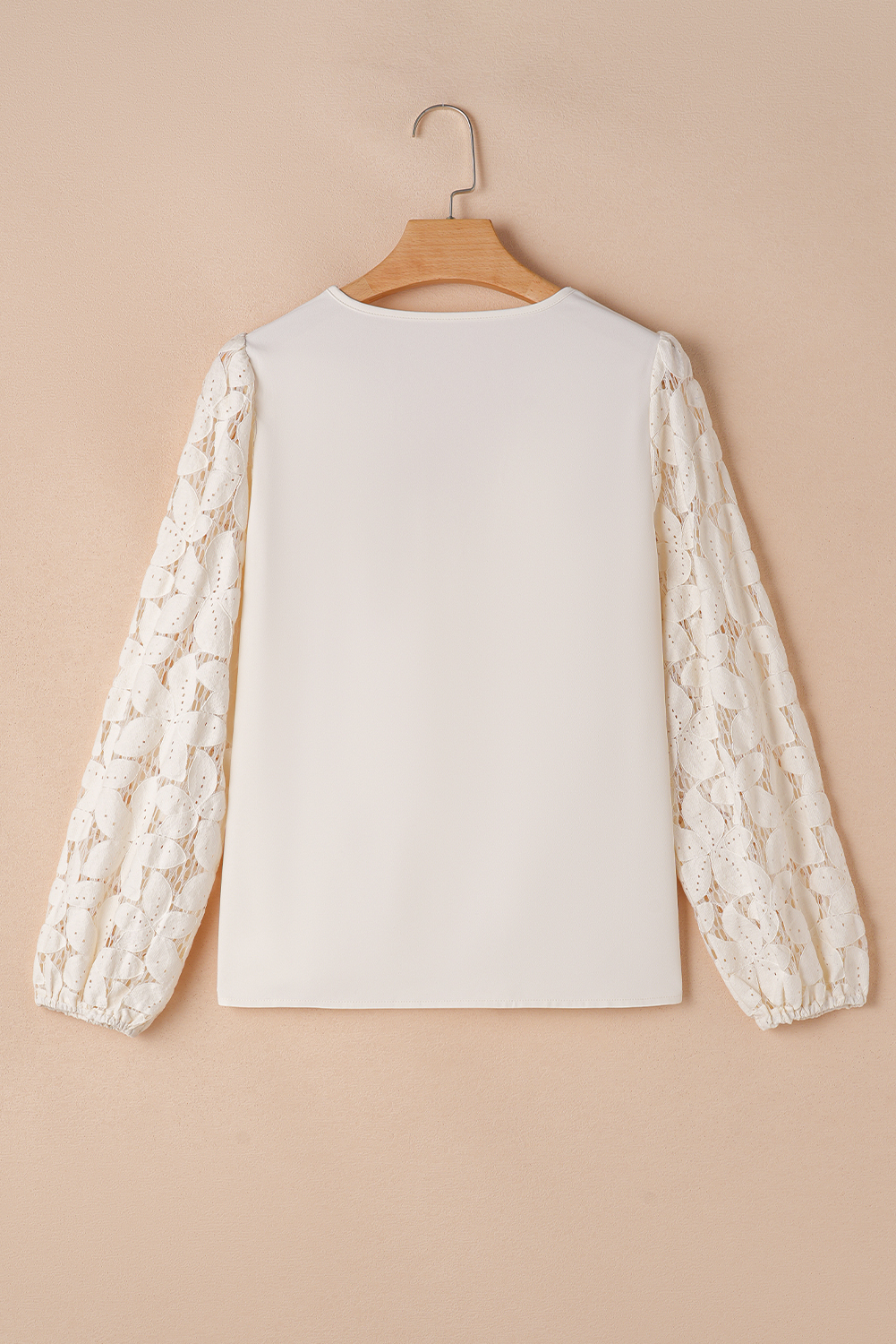 White Scalloped V Neckline Lace Hollowed Lantern Sleeve Blouse