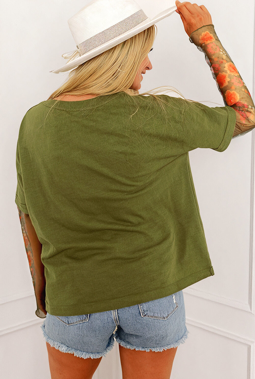 Fern Green Faux Two Piece Floral Long Sleeve Patchwork Tee