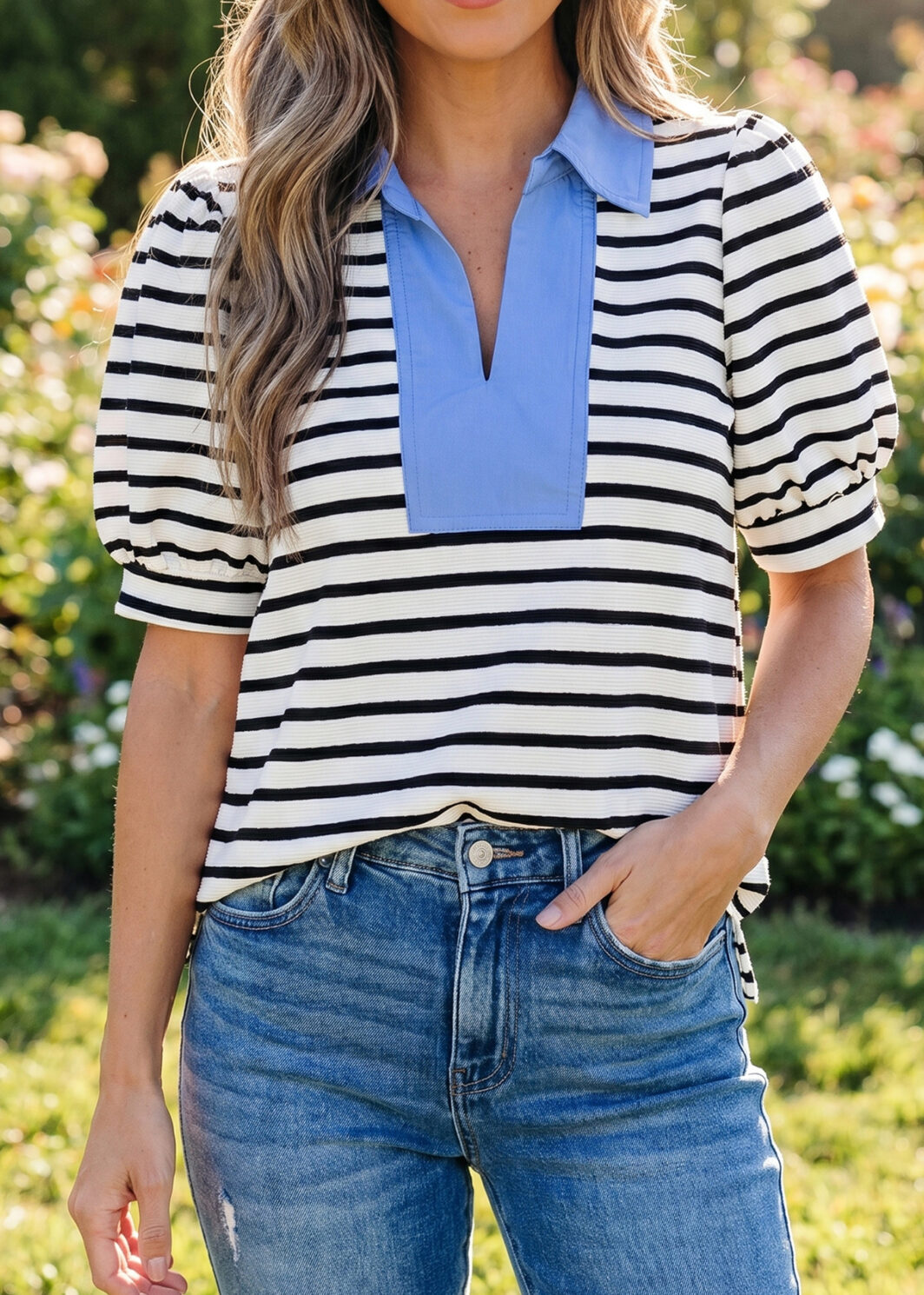 Black Stripe Short Puff Sleeve Color Block Polo Collar Blouse