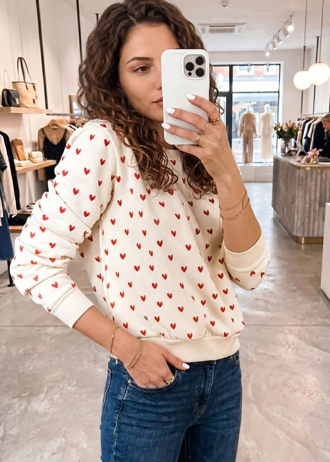 Beige Heart Print Round Neck Long Sleeve Regular Fit Sweatshirt