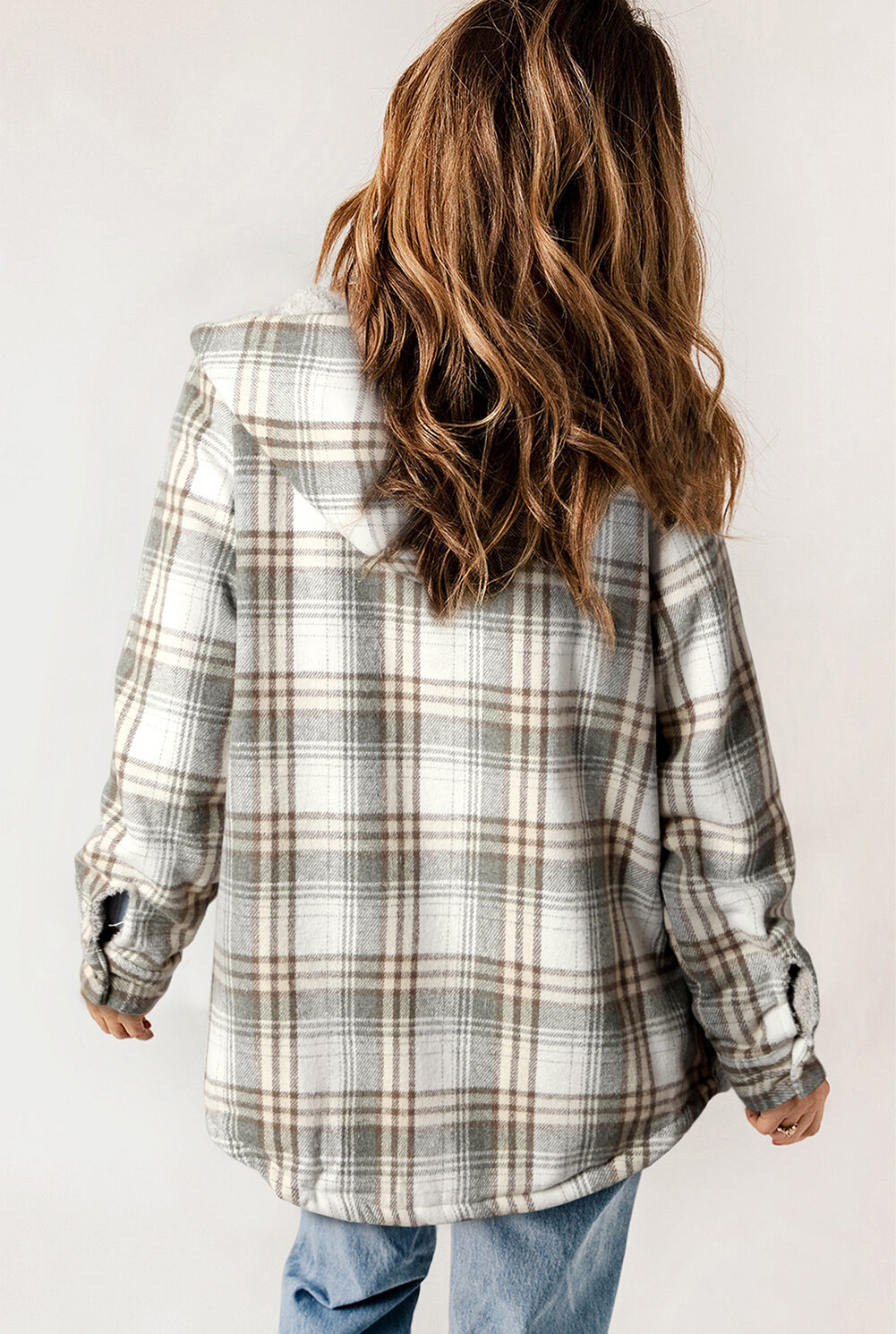 Gray Plaid Pattern Sherpa Lined Hooded Shacket