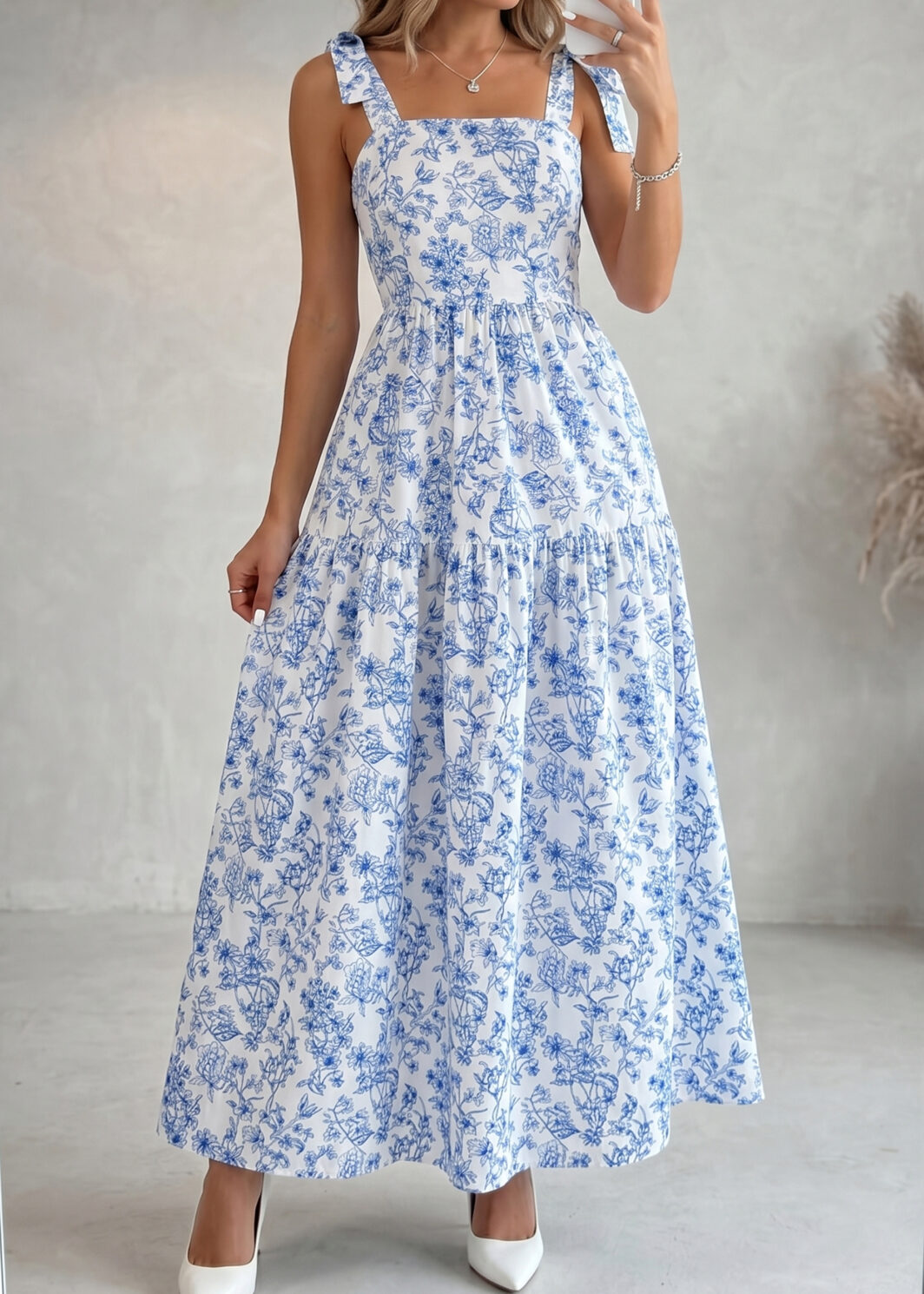 Sky Blue Floral Print Knot Straps High Waist Flared Maxi Dress
