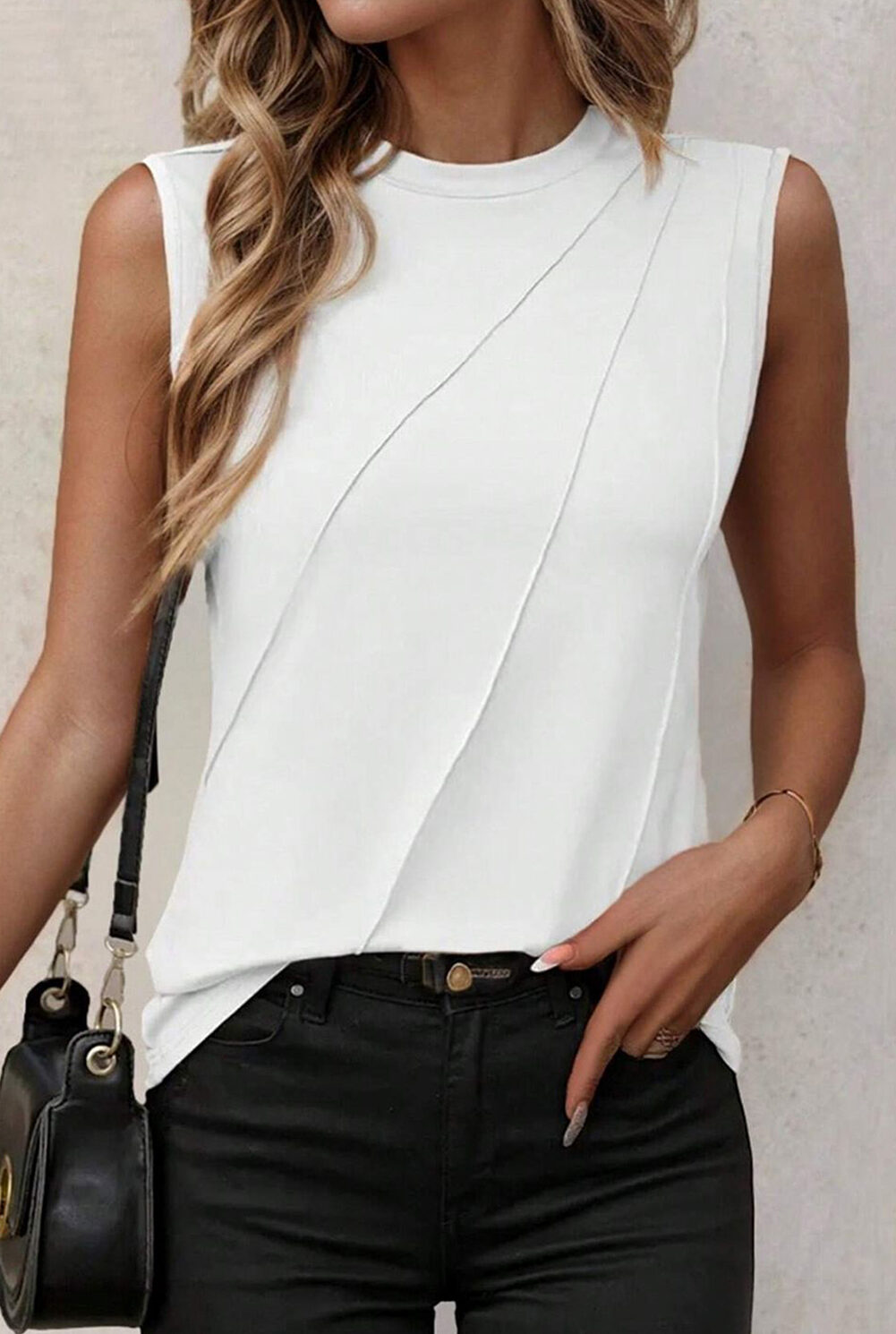 White Crew Neck Pleated Tank Top
